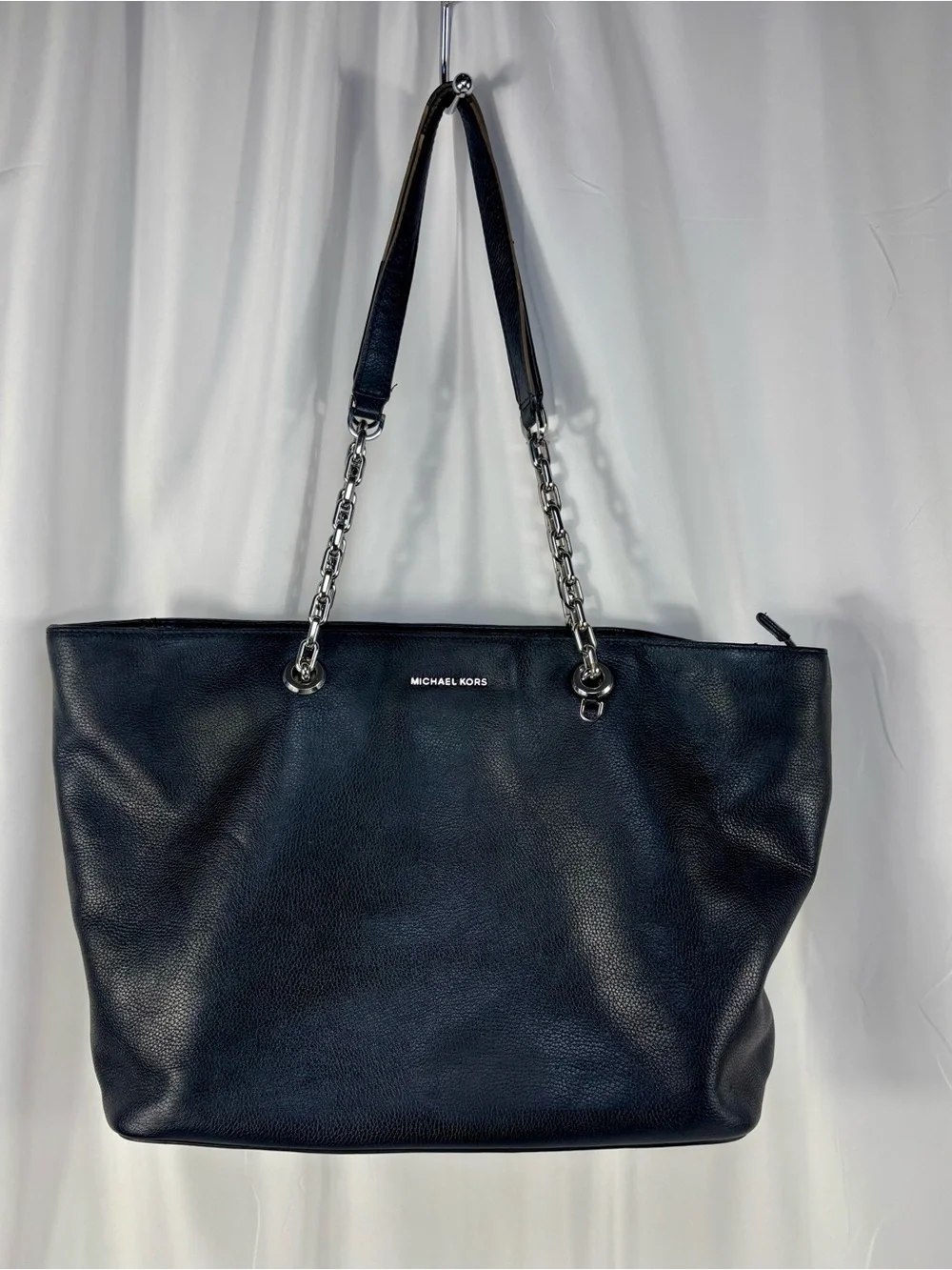Michael Kors Large Pebbled Leather Chain Tote Bag Navy Silver Hardware